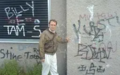 Allan Petrie campaigning for a graffiti clean up in Douglas